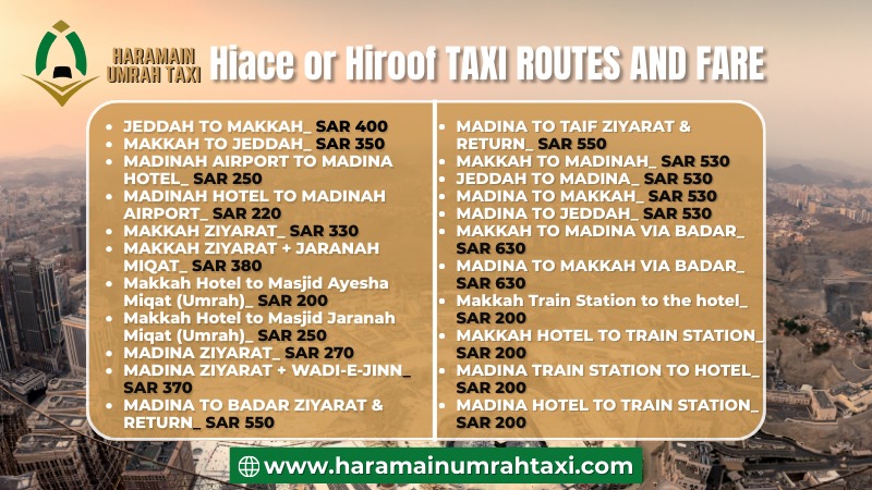 micro bus or hi aceas taxi service in makkah madinah and jeddah routes and fare